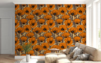 Detailed dark leaves visible throughout the Orange poppy garden Wallpaper.