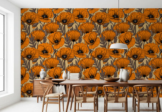 Vivid poppy wallpaper applied to a spacious and warm dining room.