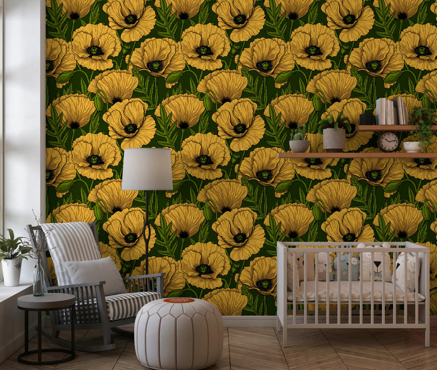 Yellow poppy garden wallpaper shows oversized golden blooms on a deep forest-green base.