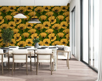 Golden petals catch attention against dark green in this poppy garden wallpaper.