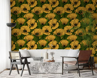 Drawn poppy heads in yellow brighten the entryway with botanical wallpaper character.