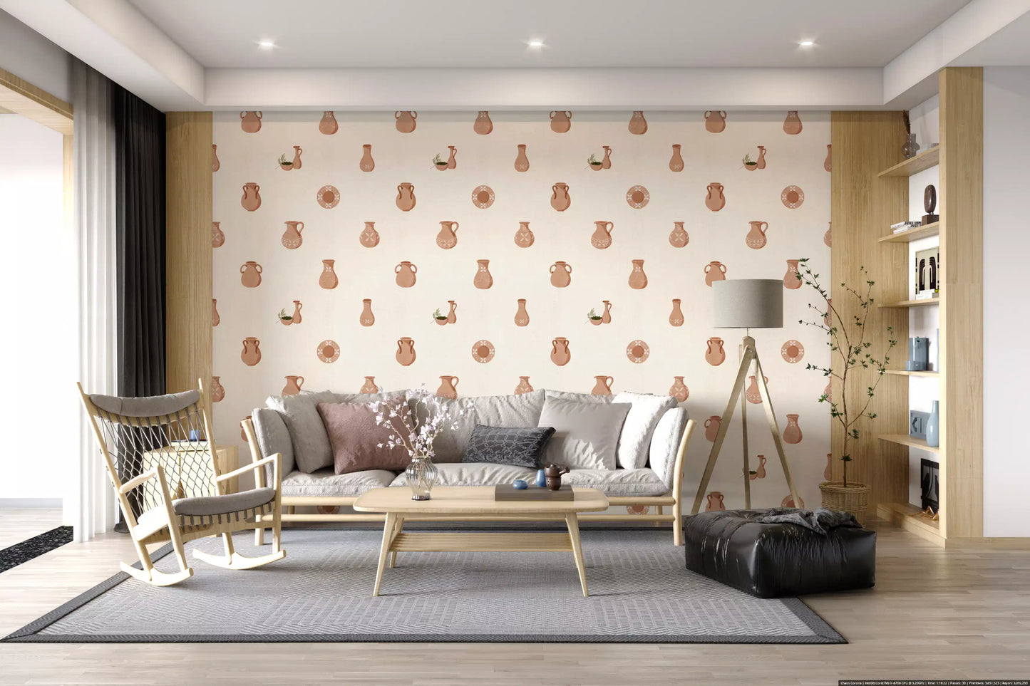 Earthy terracotta pots fill the Living room backdrop in this Tuscany Pottery wallpaper.