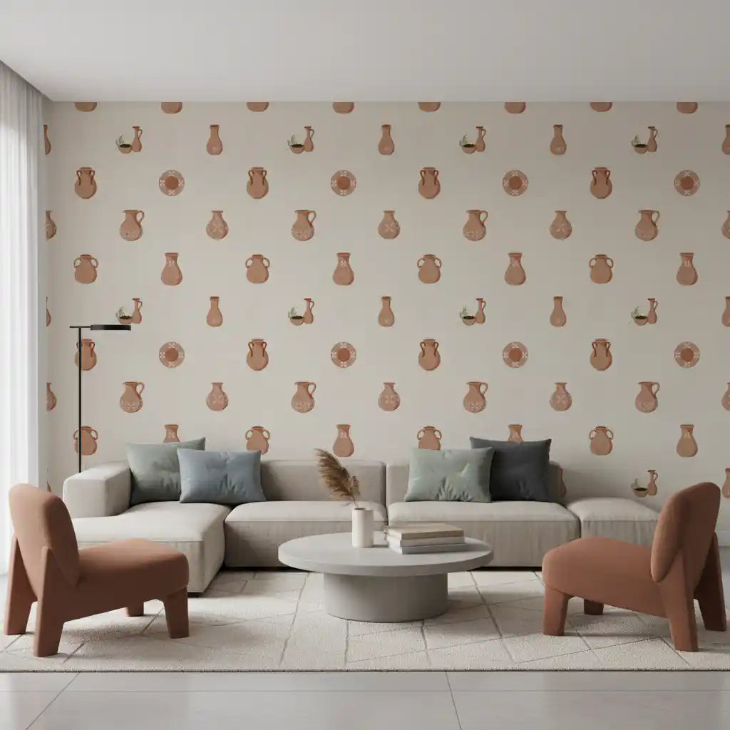 Tuscany Pottery wallpaper layers clay jugs and amphoras on a cream canvas backdrop.