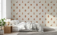 Rustic Tuscany Pottery canvas wallpaper sets a warm tone in the open Bedroom.