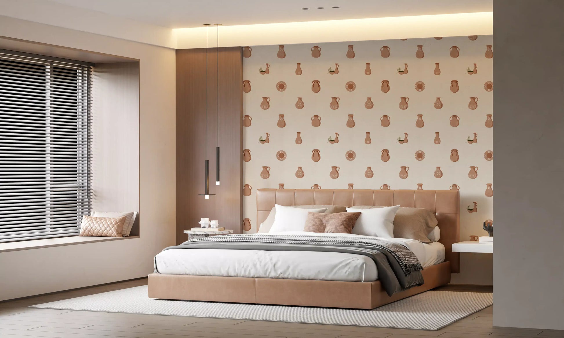 Cream and clay tones meet in the bedroom under this Tuscany Pottery wallpaper.