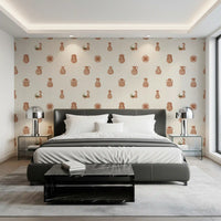 Olive jars and amphoras pattern the bedroom in rustic pottery canvas wallpaper.