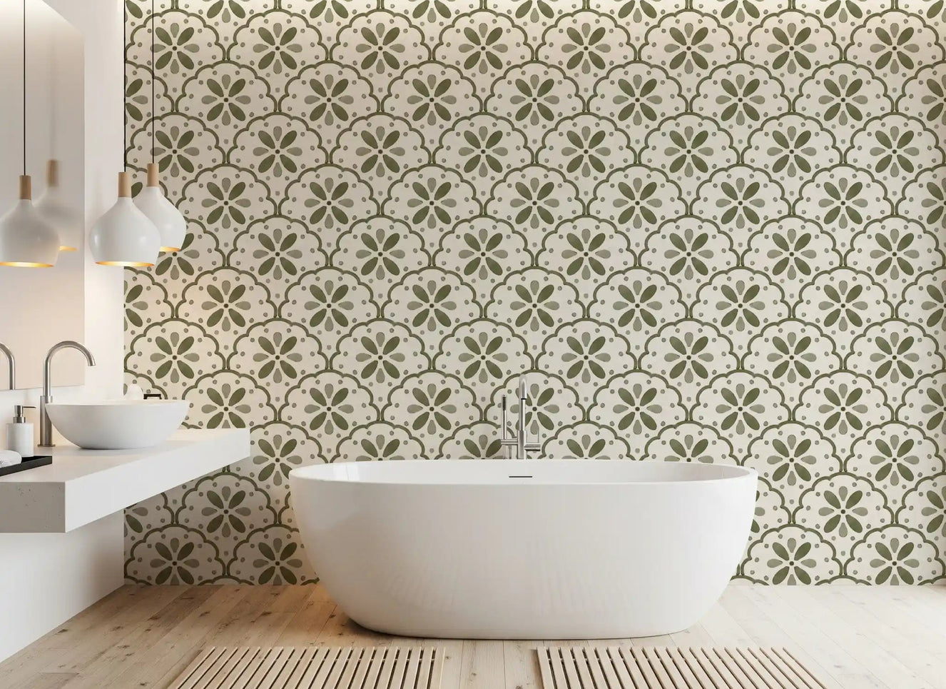 Tuscany Scallop Olive wallpaper warms a calm spa-style bathroom in muted sage tones.