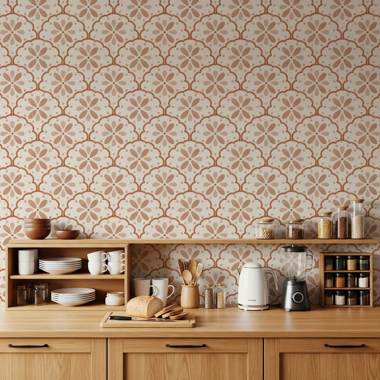 Tuscany Scallop Terracotta wallpaper warms a kitchen-dining setup with painterly fans.
