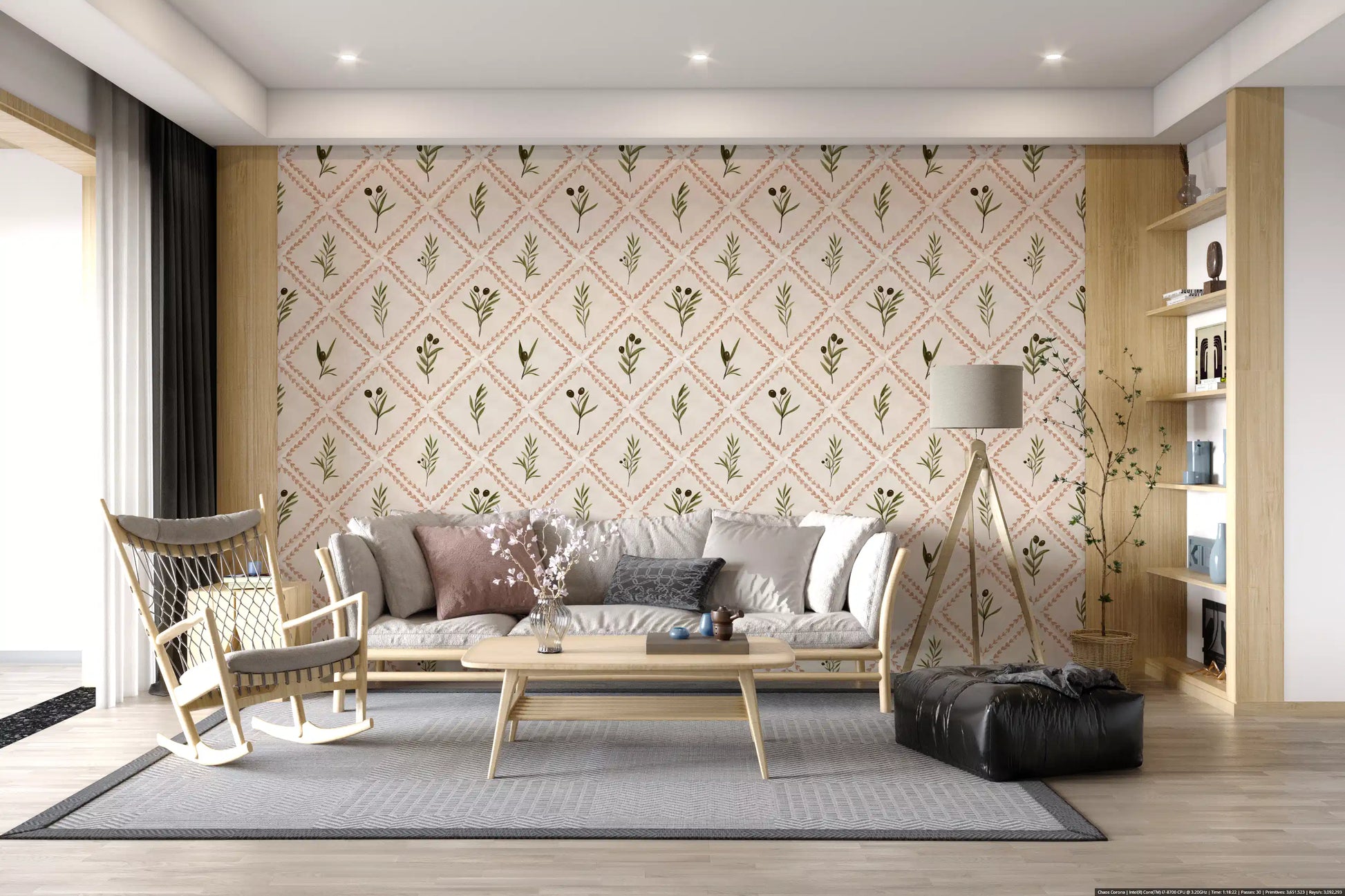 Diamond lattice of olive branches and tiny fruit forms the Tuscany tile wallpaper repeat