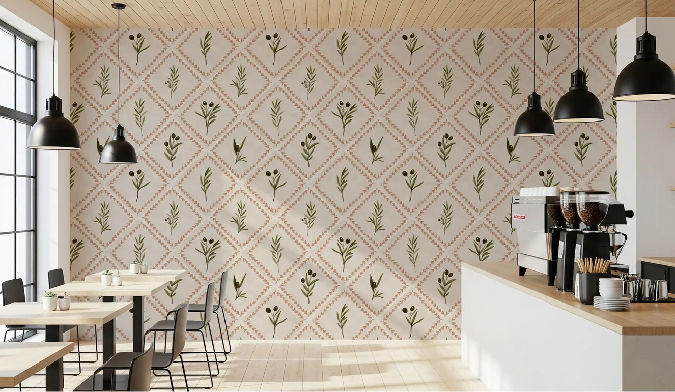 Olive sprigs and terracotta diamonds wrap the Café -dining in Tuscany tile wallpaper