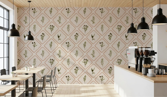 Olive sprigs and terracotta diamonds wrap the Café -dining in Tuscany tile wallpaper