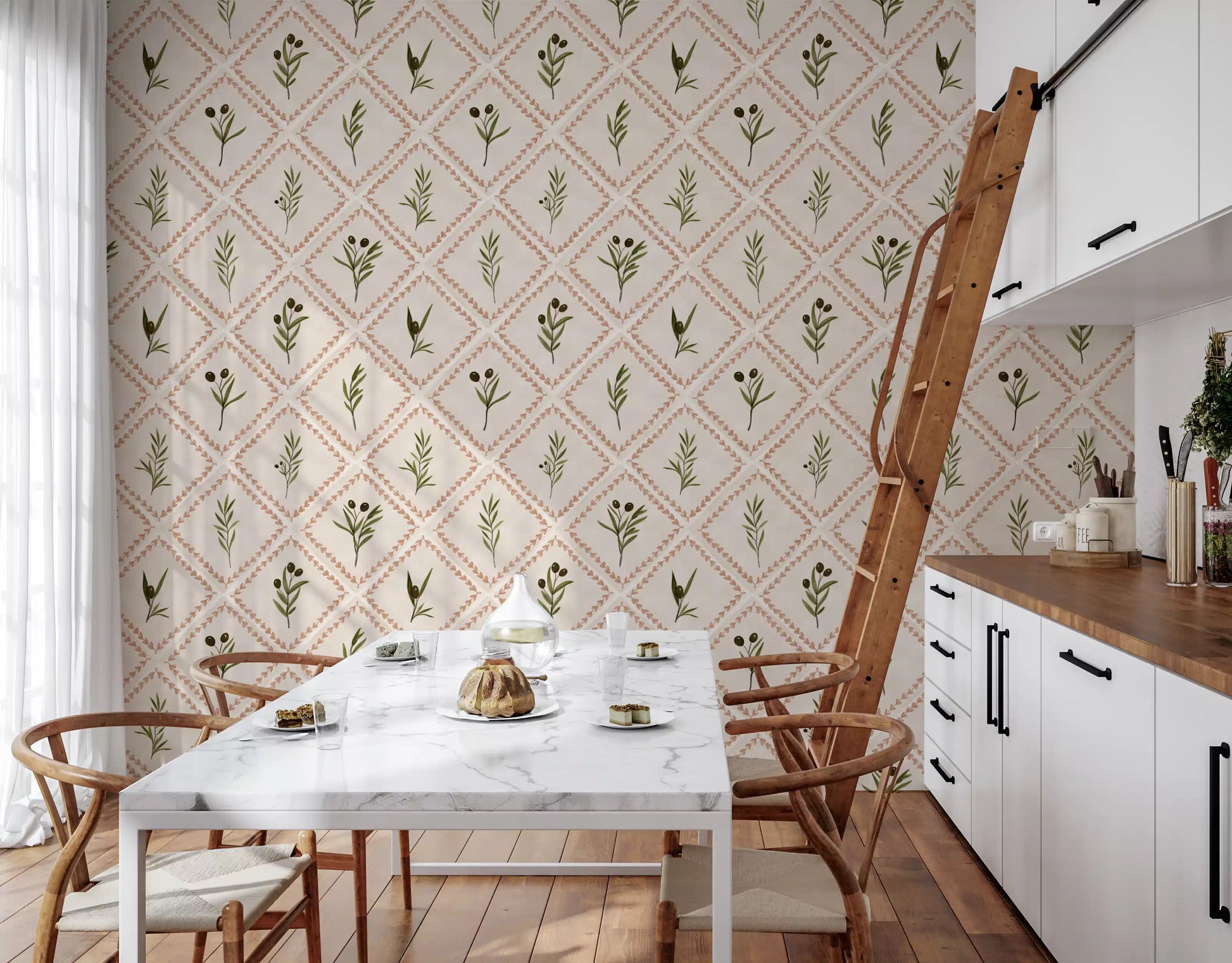 Warm terracotta diamonds frame olive sprigs across this kitchen dining room wallpaper backdrop