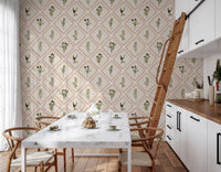 Warm terracotta diamonds frame olive sprigs across this kitchen dining room wallpaper backdrop