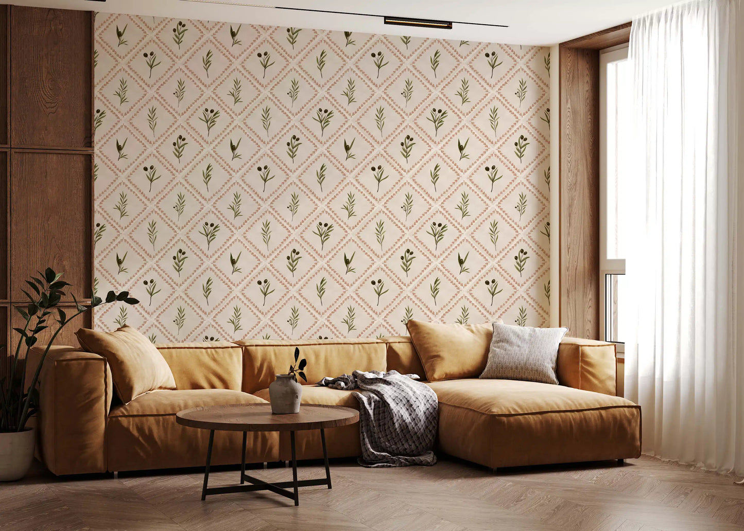 Painted greens and earthy diamonds give the living room a sun-warmed wallpaper finish