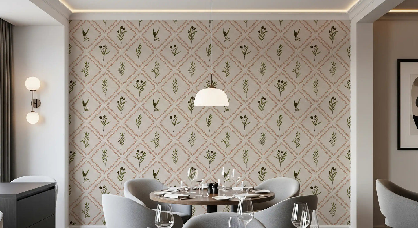 A Mediterranean villa mood fills the Living room with this olive branch wallpaper repeat