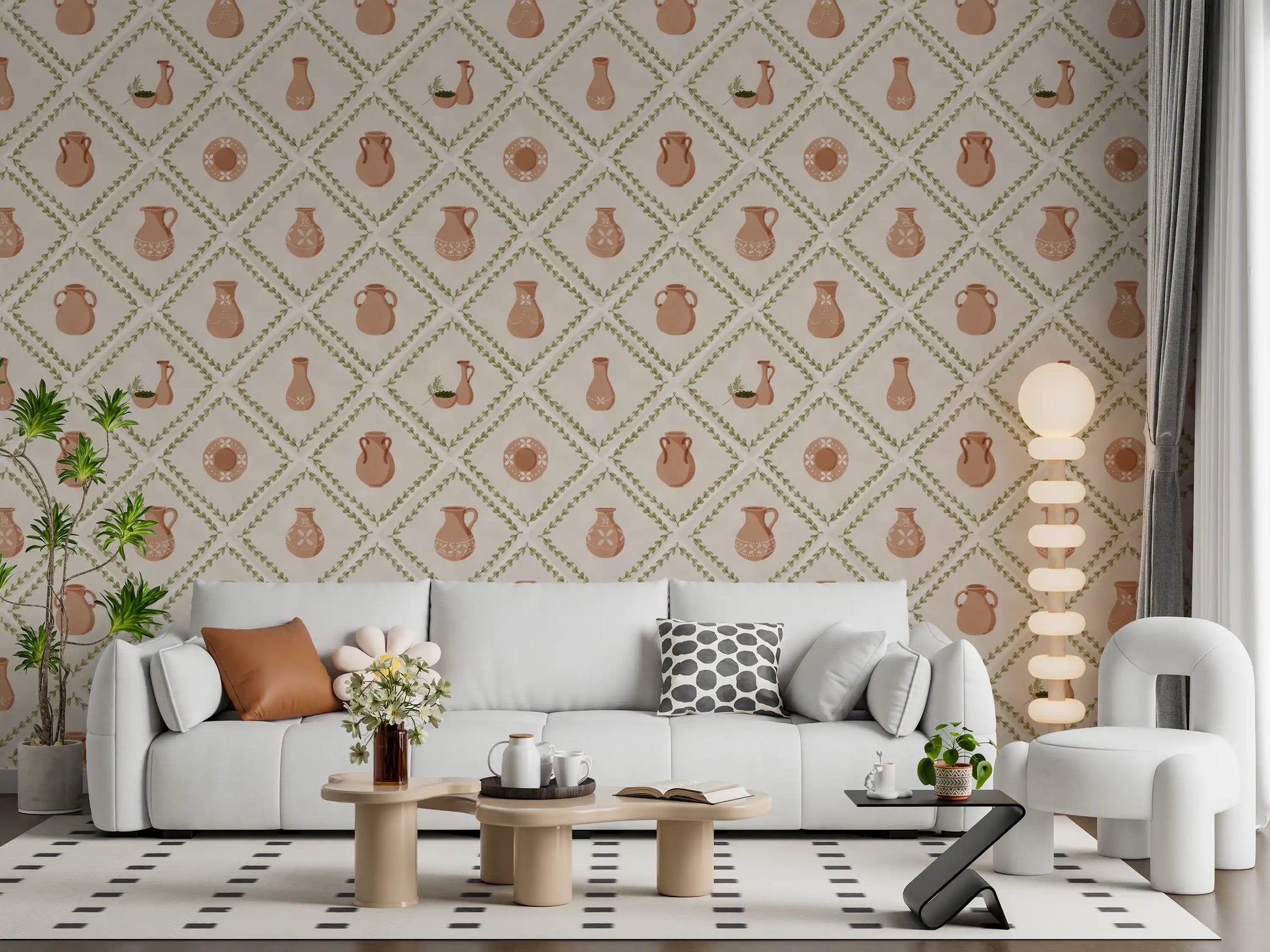 Mediterranean style fills this hallway with painterly Tuscan pottery tile wallpaper.