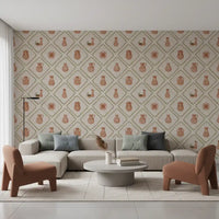 Warm terracotta tones run through this lounge with Tuscan pottery tile wallpaper.