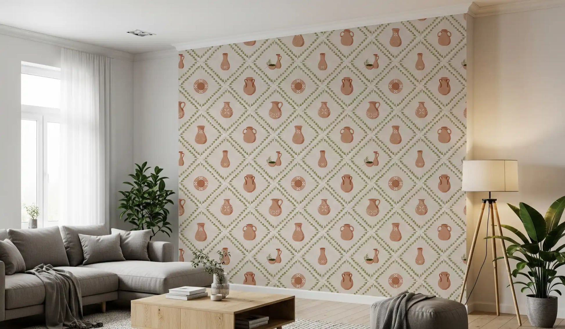 Larger jugs anchor wider panels in this pottery tile wallpaper layout.