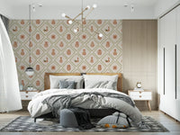 Tile-style pottery wallpaper adds Mediterranean charm to a Bedroom  setting.