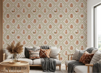 Terracotta jugs and olive vines fill this living room with pottery tile wallpaper.
