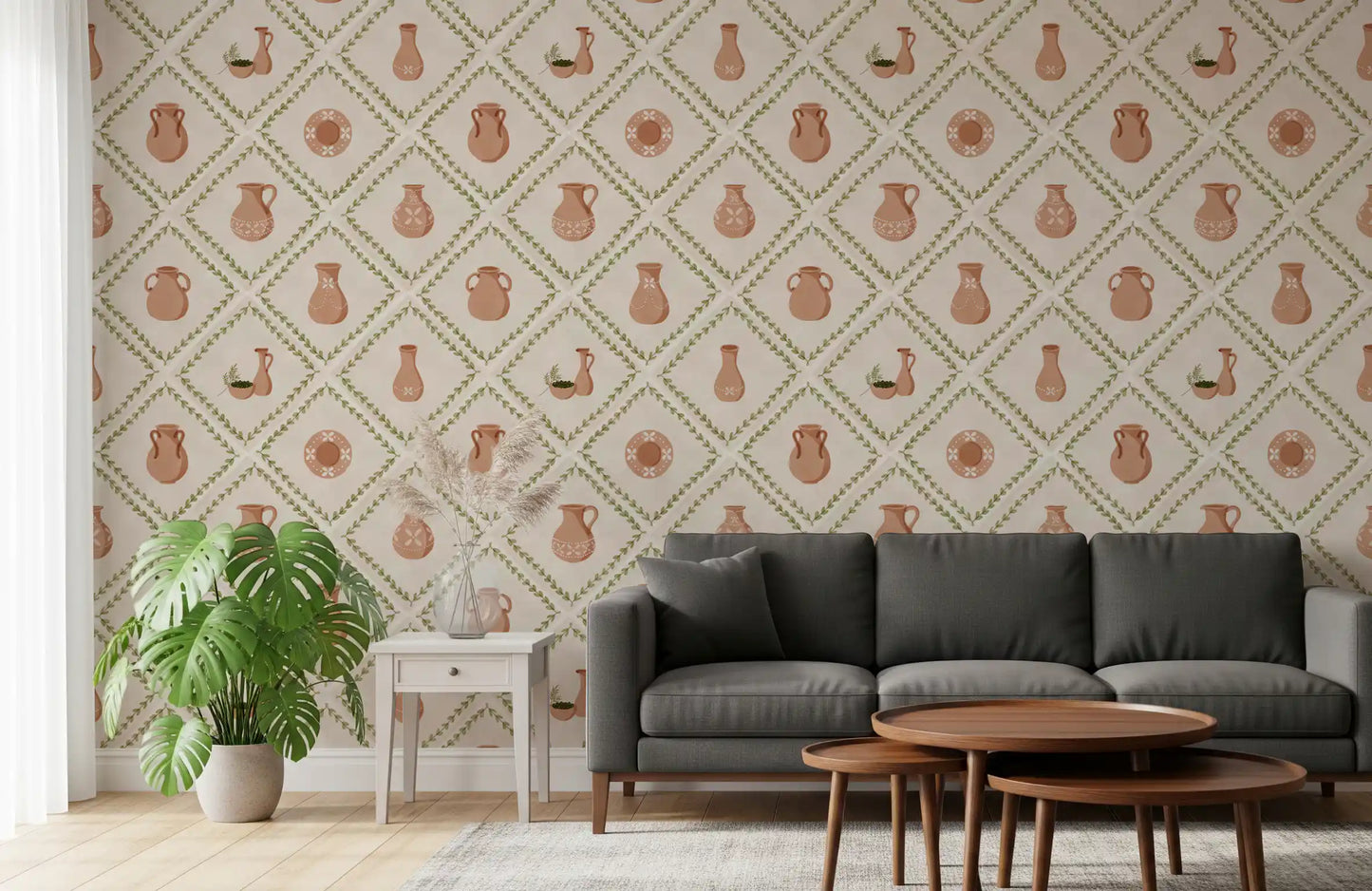 Rustic painted pottery lifts this Living room with Tuscan tile wallpaper character.