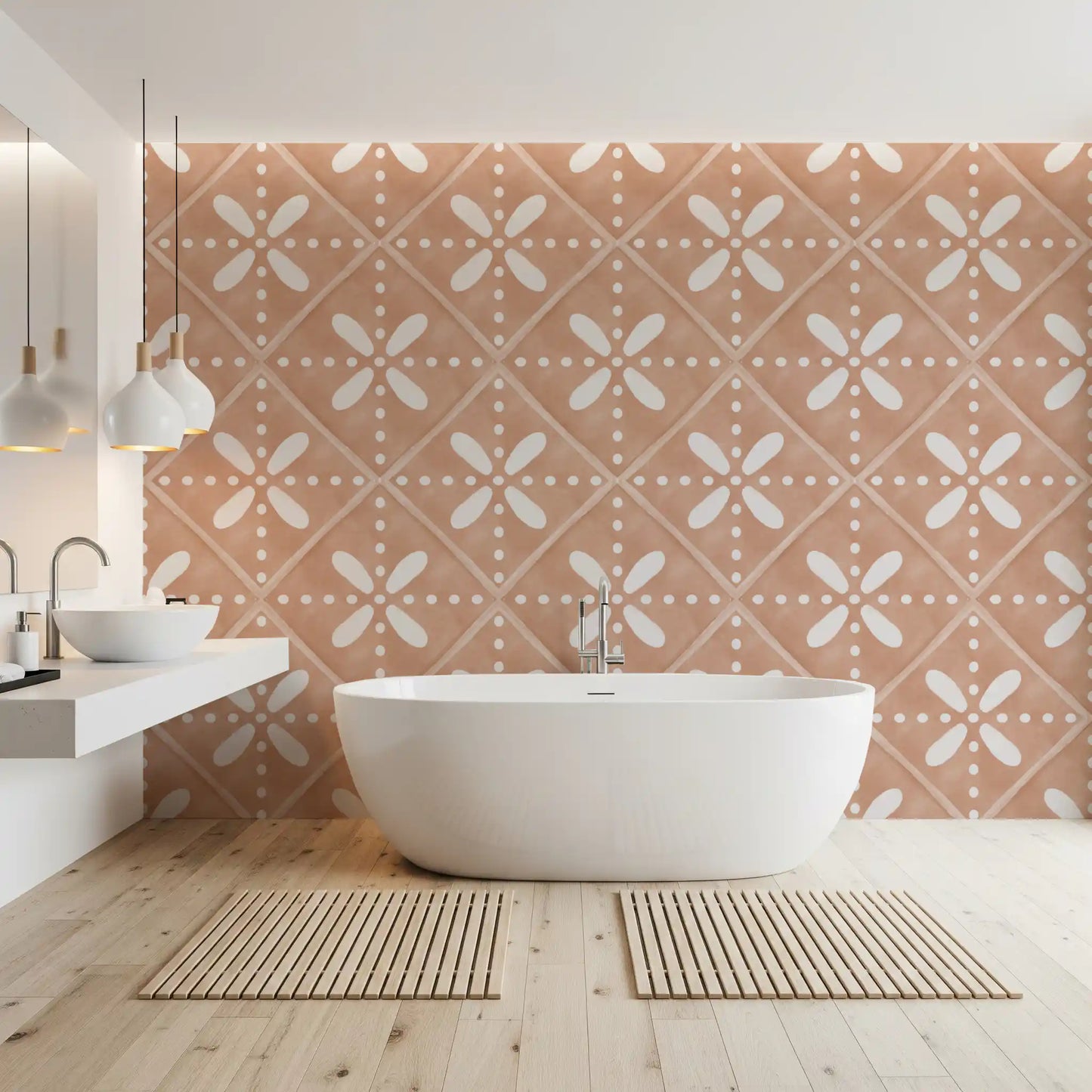 Warm peach Tuscany Bloom Cotto Tile wallpaper grounds this clean bathroom layout.