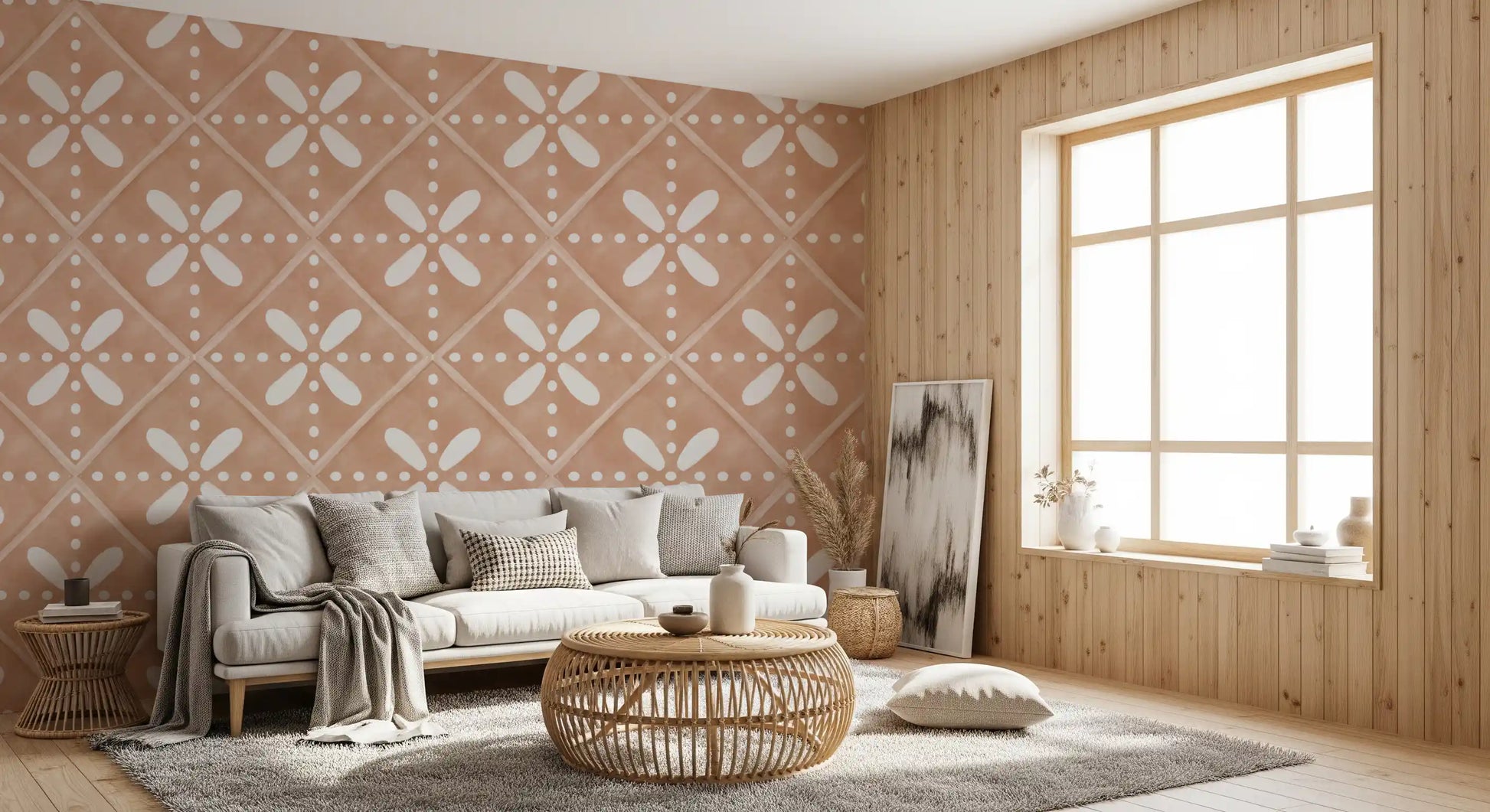 Painted petal tiles fill the Living room in this Tuscany Bloom Cotto Tile wallpaper.