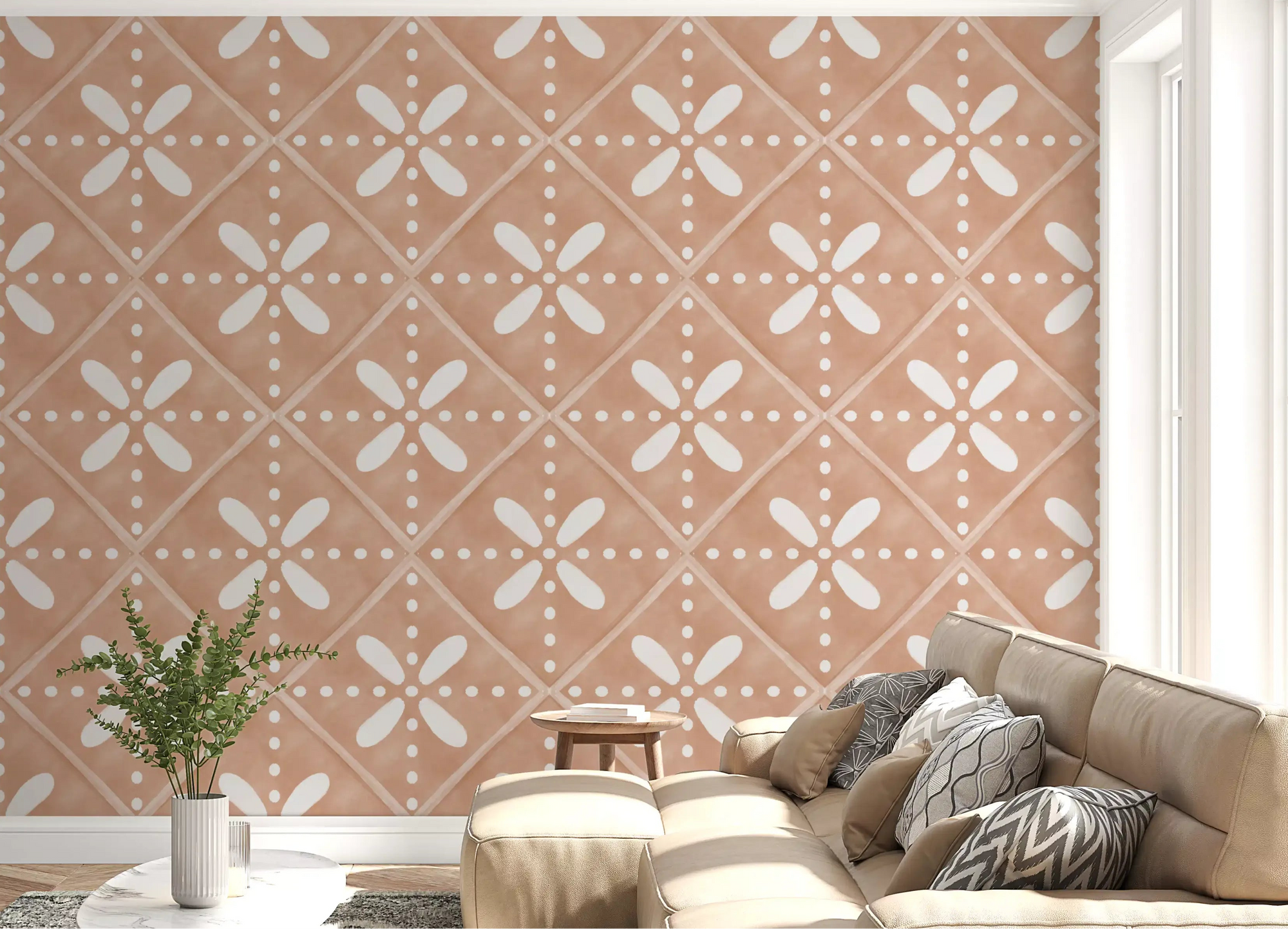 Tuscany Bloom Cotto Tile wallpaper anchors the living room with warm peach geometry.