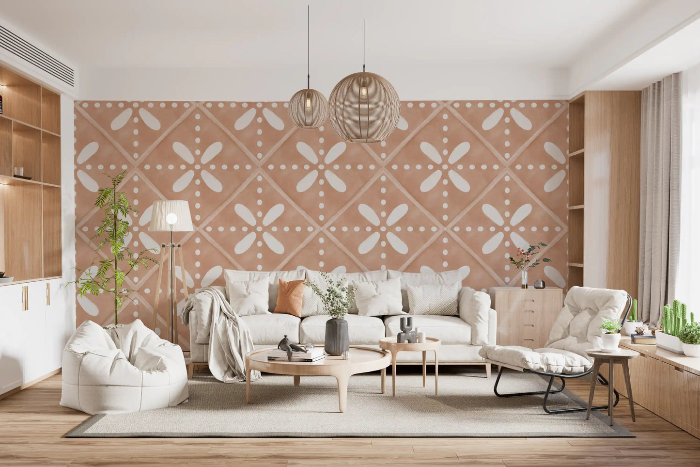 Cotto tile motifs lift the living room in this Tuscany Bloom Tile wallpaper.