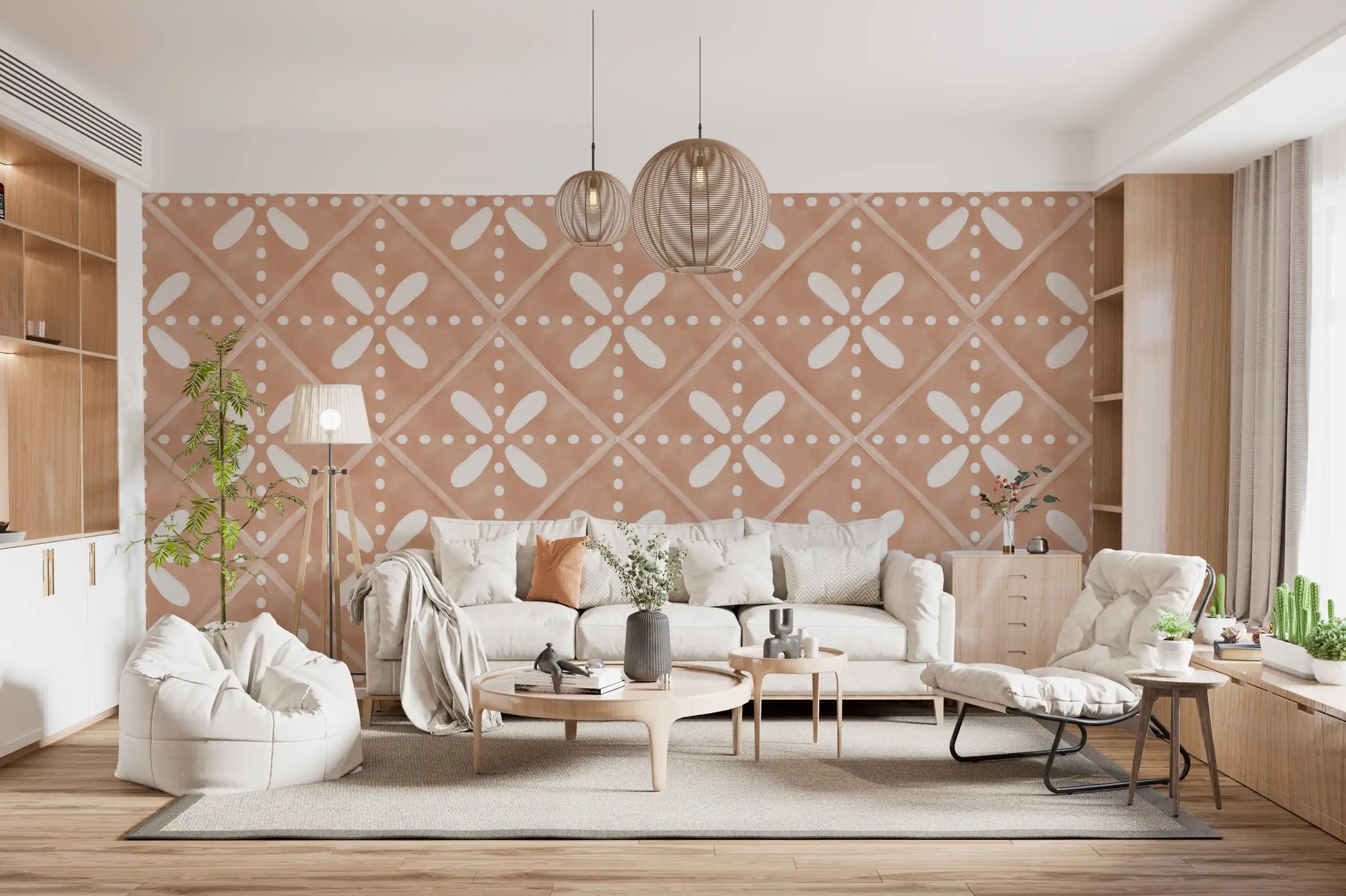 Cotto tile motifs lift the living room in this Tuscany Bloom Tile wallpaper.