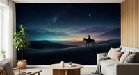 Hazy mountains and a thin moon hover over a calm Living room in Silent Sands wall mural.