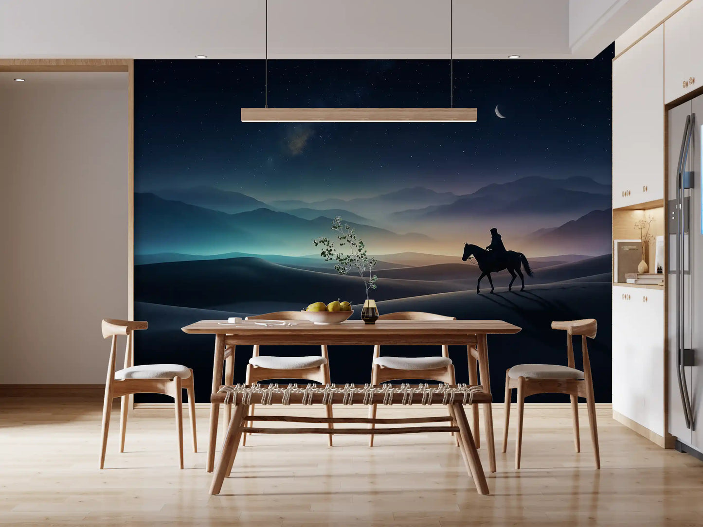 Silent Sands wall mural shows a lone horseman crossing dunes under a crescent moon.