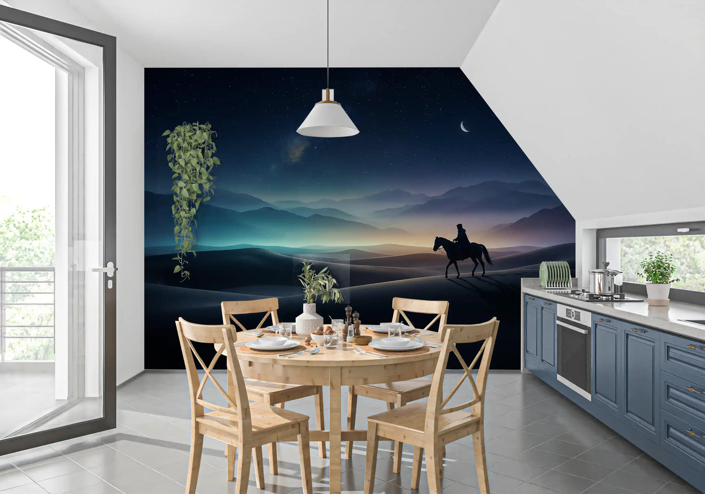 Crescent moon and starry desert sky bathe a dining room in Silent Sands wall mural mood.