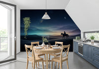 Crescent moon and starry desert sky bathe a dining room in Silent Sands wall mural mood.