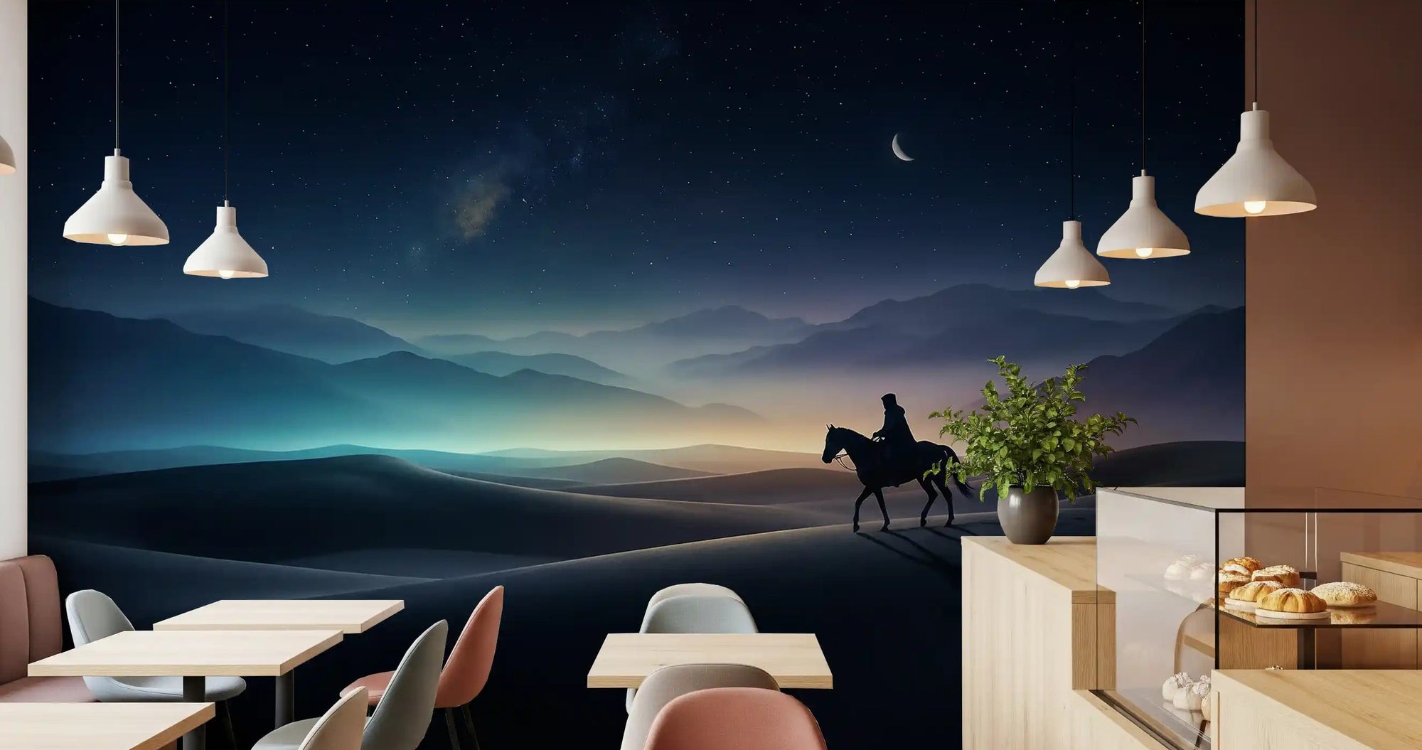 Silent Sands cosmic light wall mural sets a night-desert mood in a modern Café and restaurant 