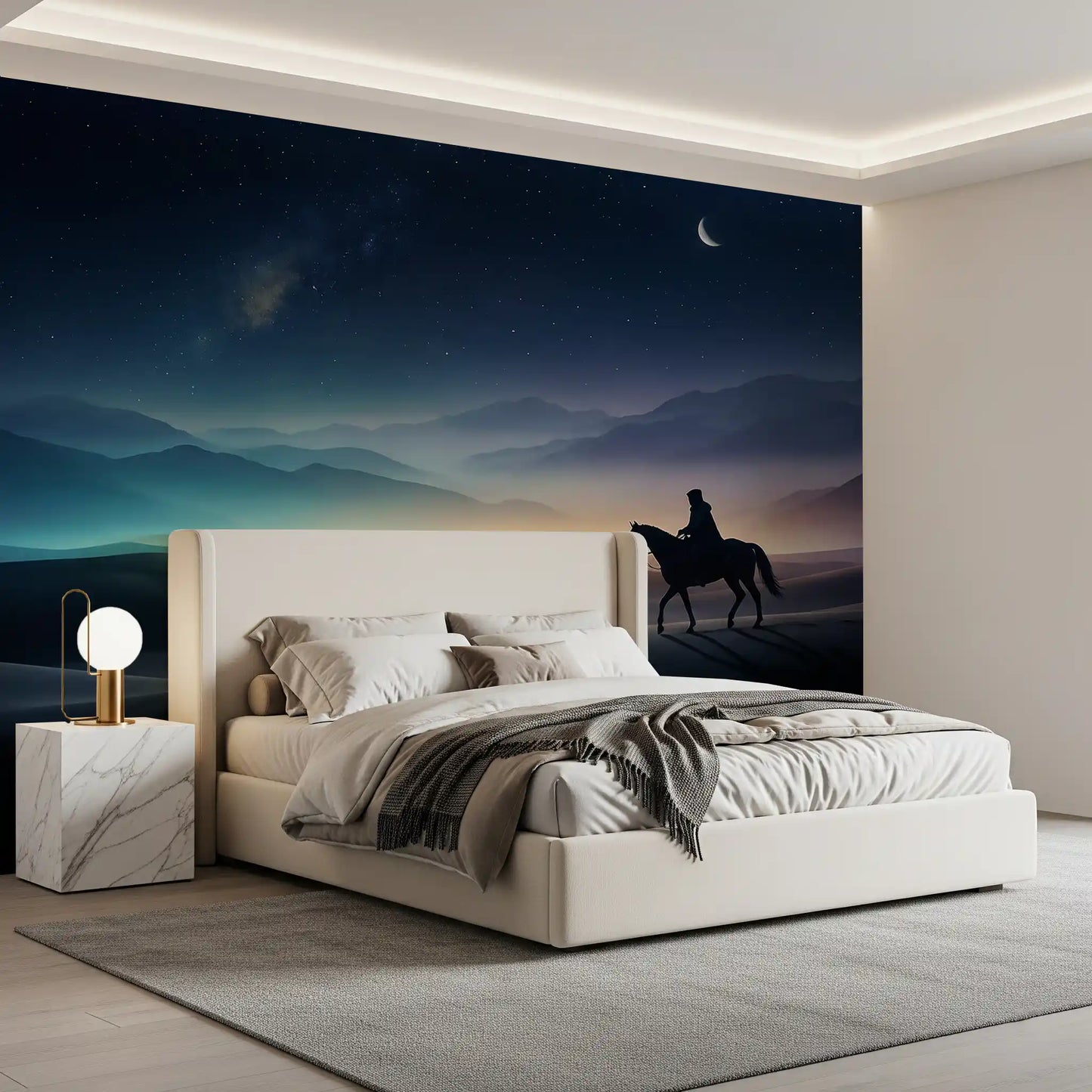 Hazy blue mountains layer behind moonlit dunes in Silent Sands cosmic light wall mural.