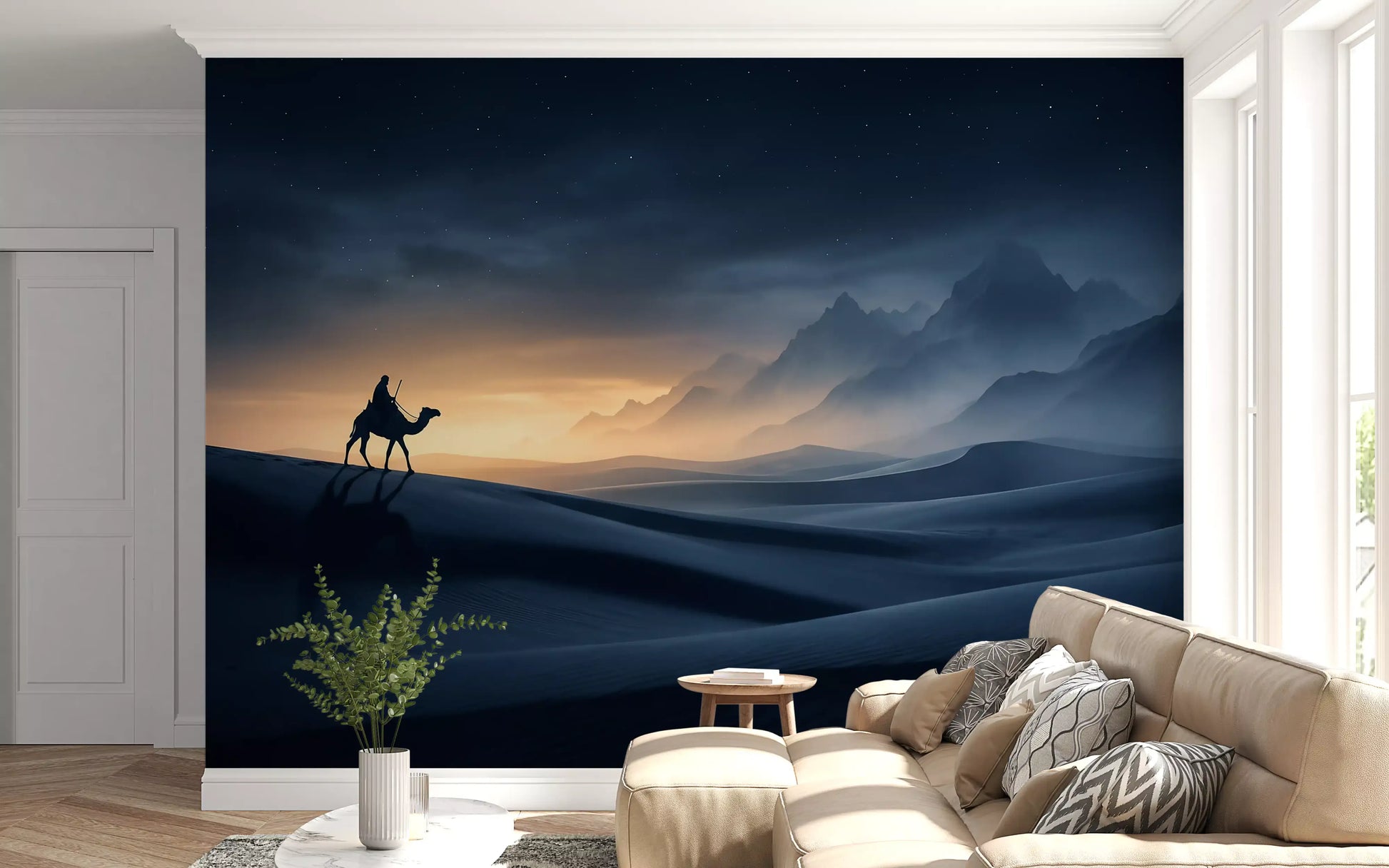 Lone camel rider crossing dunes lends a Living room Starry Odyssey wall mural feel.