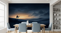 Starry Dune Odyssey wall mural shows a lone camel rider against a golden horizon.