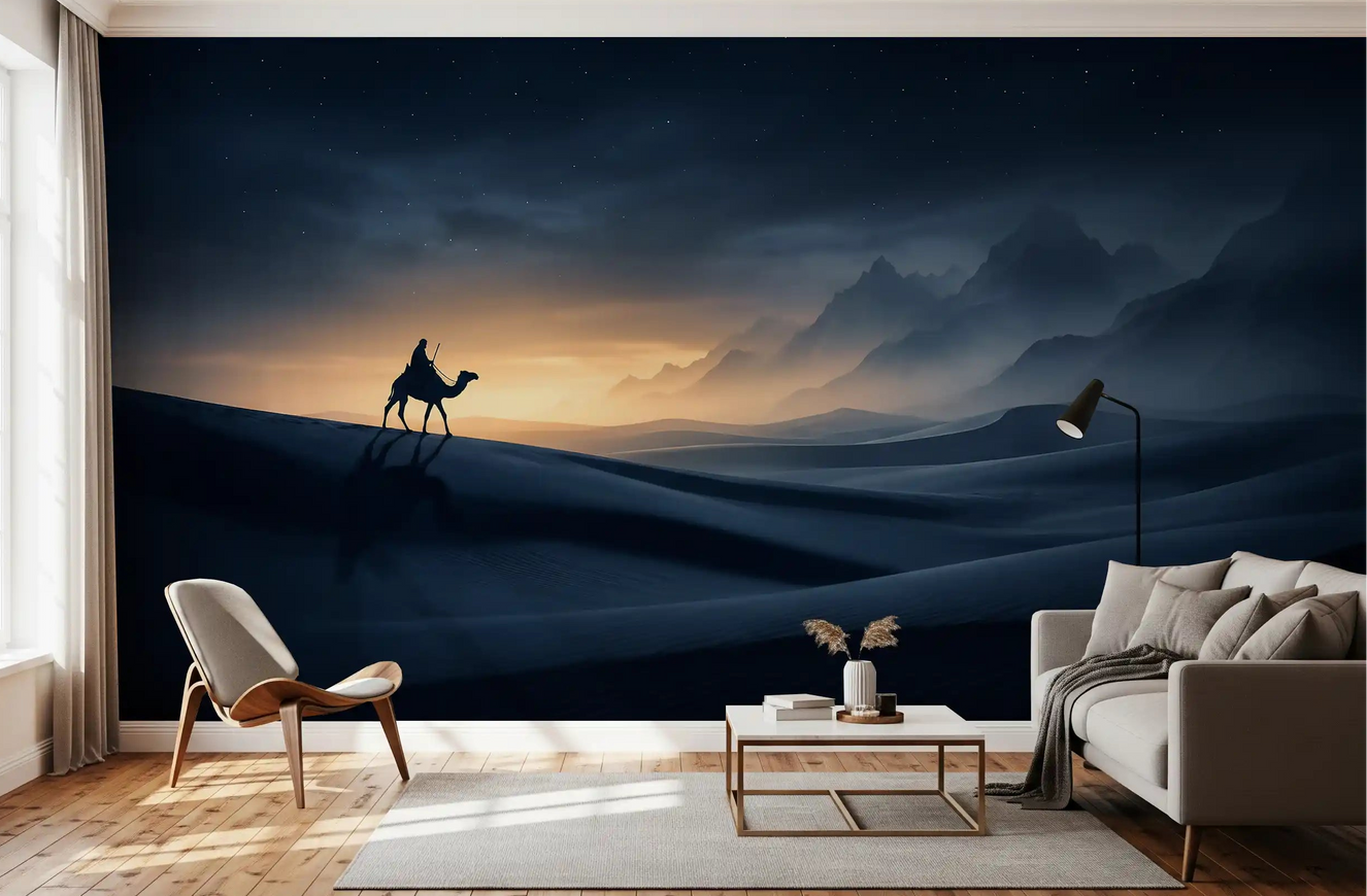 Starry Dune Odyssey wall mural casts cinematic depth into a living room scene.