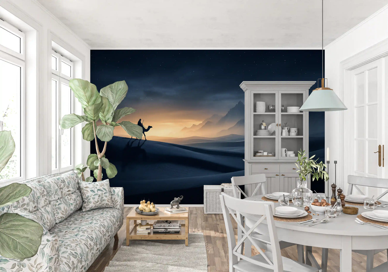 Camel silhouette and starlit dunes anchor a Dining room with this Starry Dune wall mural.