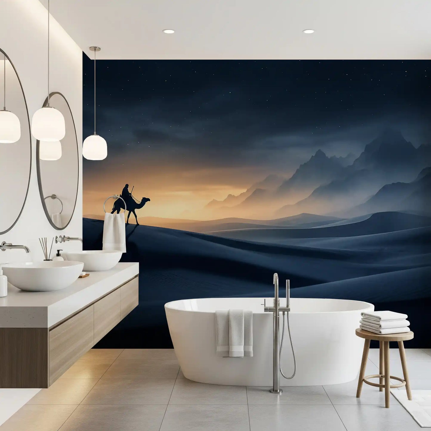 Hazy mountains and dune curves frame a bathroom with desert wall mural drama.