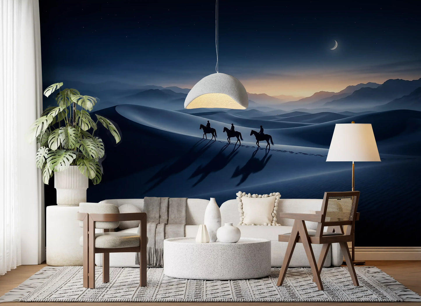 A twilight horizon scene anchors the sitting room through this Desert Riders wall mural
