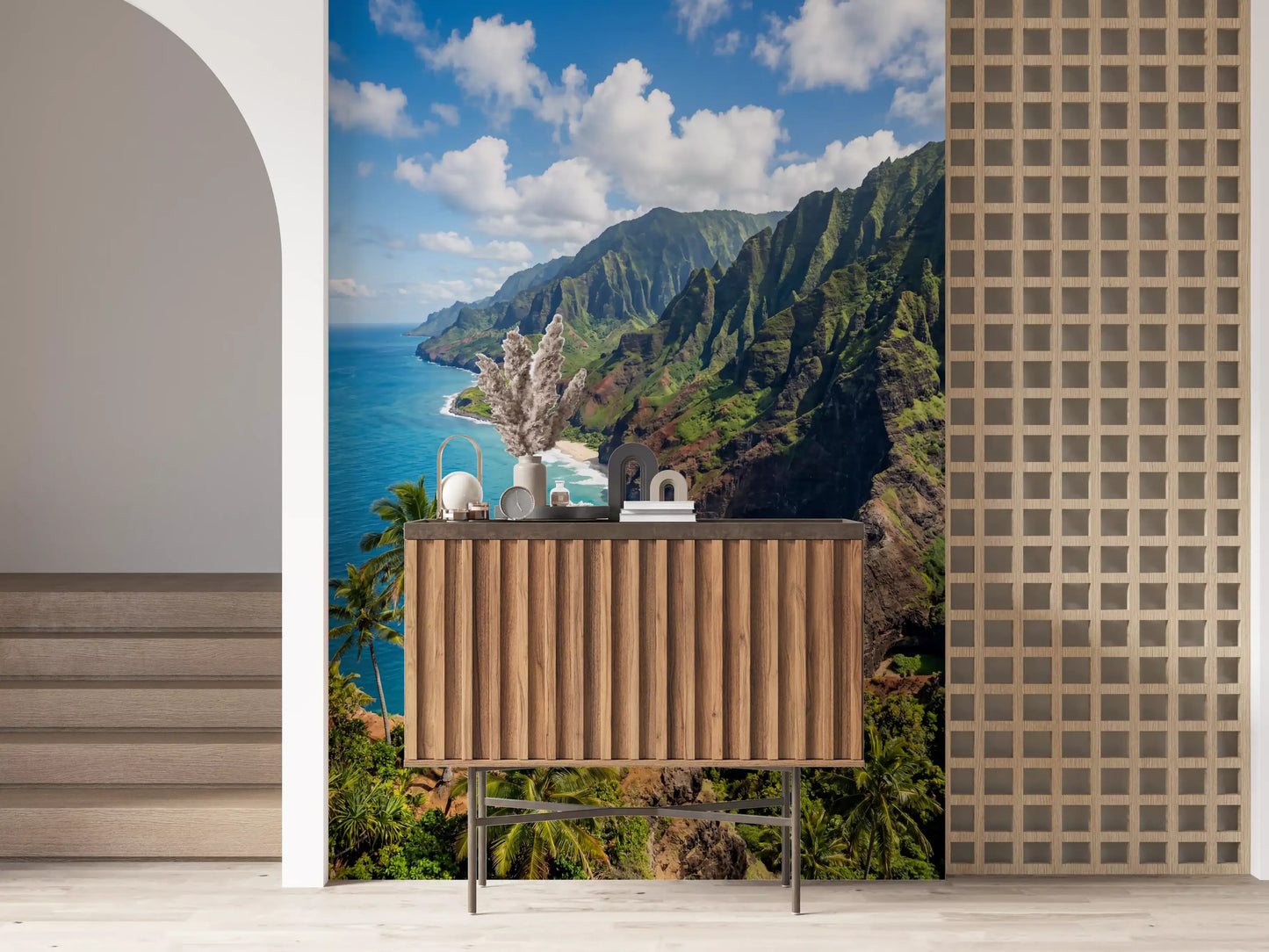 entryway illuminated by natural light and a vibrant Cliffs wall mural scenery.