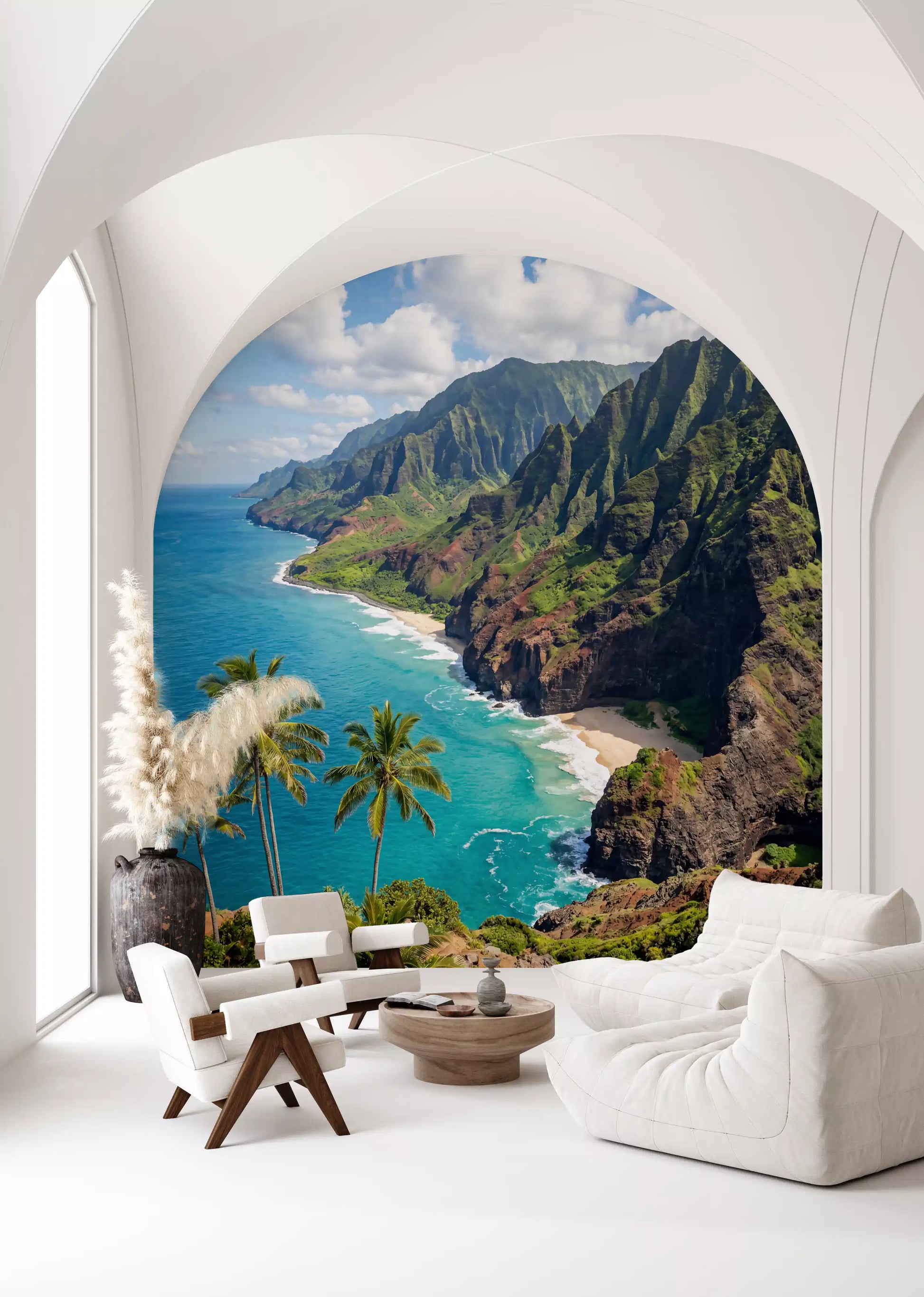 Arched lounge area showcasing a beautiful Coast wall mural with gorgeous ocean views.