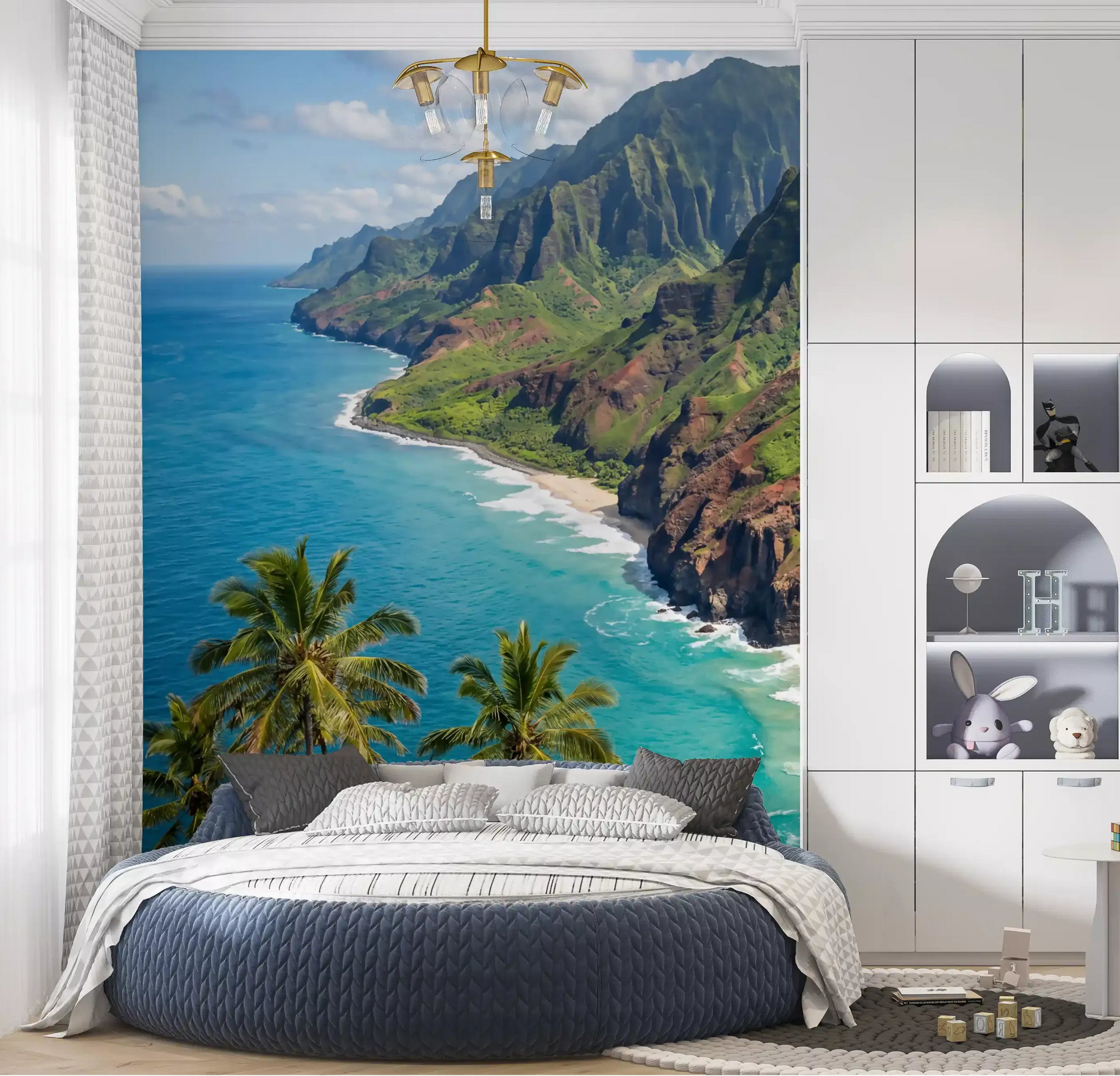 Na Pali Coast: Emerald Cliffs & Azure Sea Wall Mural placed in a cozy modern bedroom.