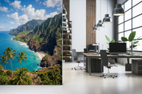 Bright home office featuring a scenic Emerald wall mural for a calming workspace.