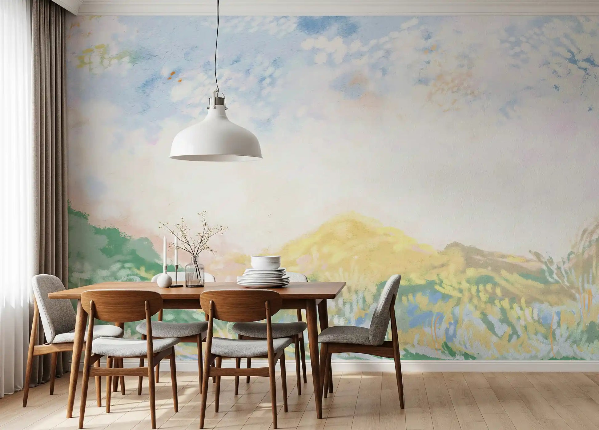 Beautiful pastel colour transitions across the Horizon themed wall mural.