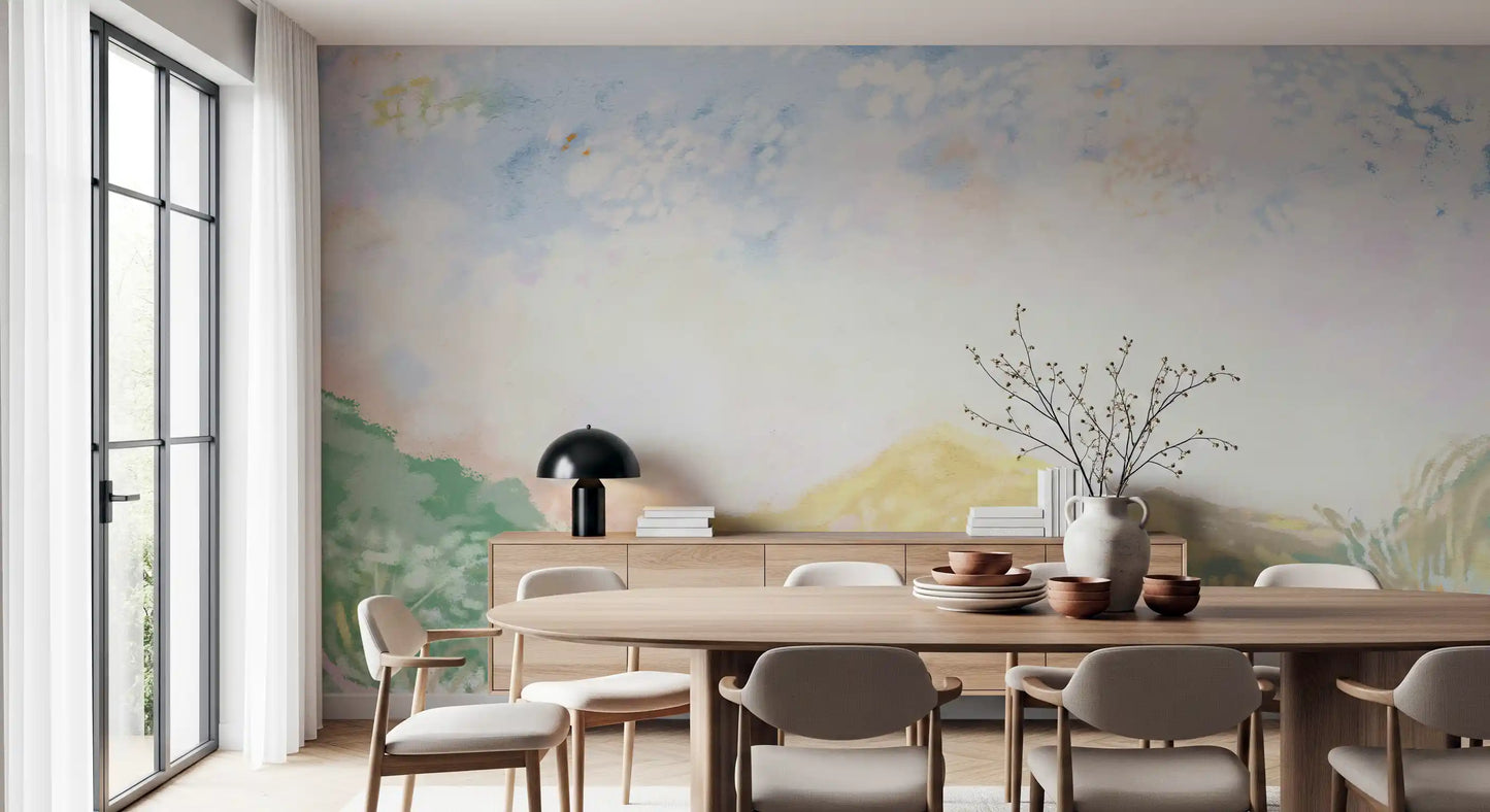 Bright kitchen-dining area featuring a colourful Hues themed wall mural.