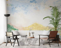 Spacious lounge setting enhanced by a Meadow painted landscape wall mural.