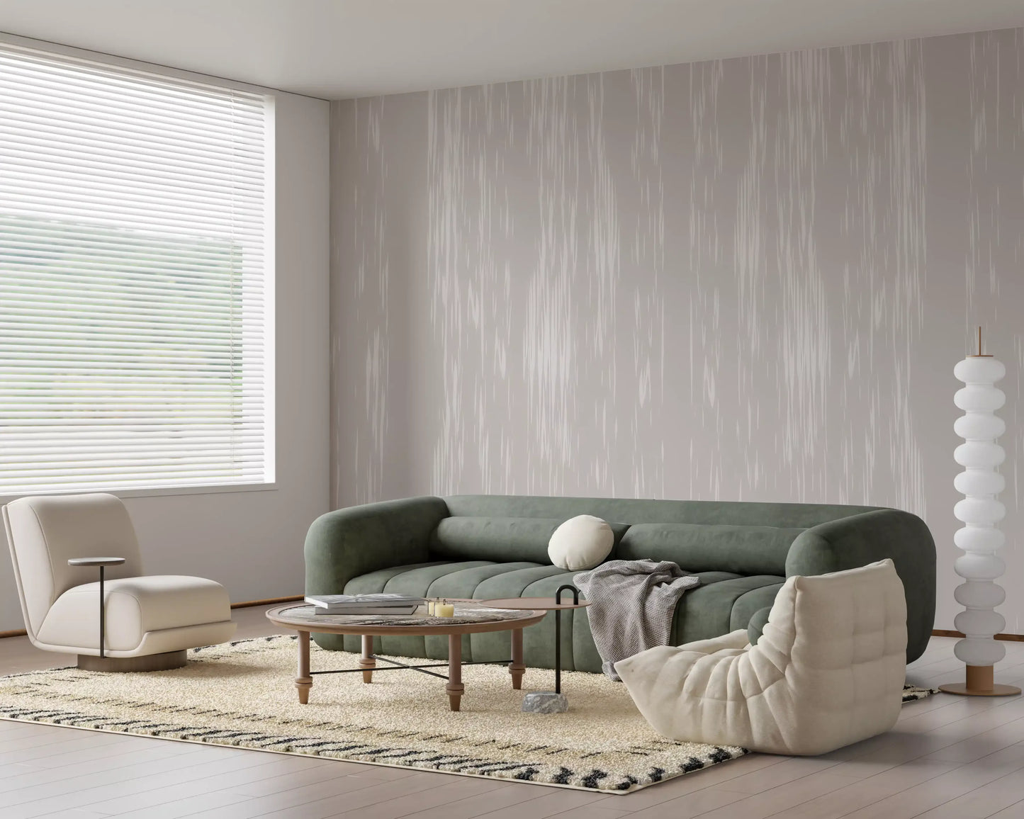 Soft white flowing patterns across a delicate beige wall mural.